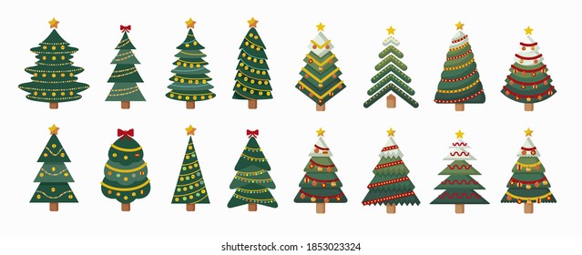 Vector set of cartoon Christmas trees, pines for greeting card, invitation, banner, web. New Years and xmas traditional symbol tree with garlands, light bulb, star. Winter holiday. Icons collection