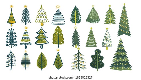 Vector set of cartoon Christmas trees, pines for greeting card, invitation, banner, web. New Years and xmas traditional symbol tree with garlands, light bulb, star. Winter holiday. Icons collection