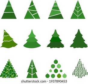 Vector set of cartoon Christmas trees, pines for greeting card, invitation, banner, web, print, poster, textile. New Years and xmas traditional symbol tree. Winter holiday. Icons collection. Green.