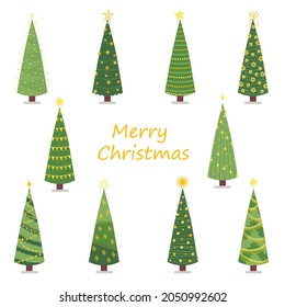 Vector set of cartoon Christmas trees, pines for greeting card, invitation,banner, web. New Years and xmas traditional symbol tree with garlands, light bulb, star. Winter holiday. Icons collection.