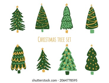 Vector set of cartoon Christmas trees, pines for greeting card, invitation,banner, web. New Years and xmas traditional symbol tree with garlands, light bulb, star. Winter holiday. Icons collection.