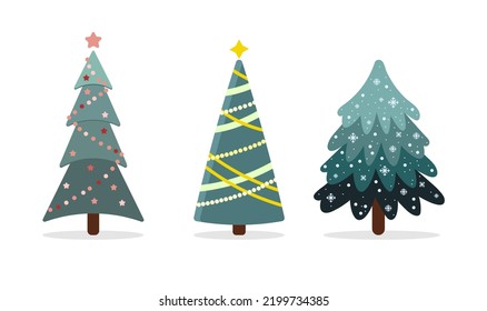 Vector set of cartoon Christmas trees, pines for greeting card, invitation,banner, web. New Years and xmas traditional symbol tree with garlands, light bulb, star. Winter holiday. Icons collection.