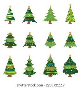 Vector set of cartoon Christmas trees, pines for greeting card, invitation,banner, web. New Years and Christmas traditional symbol tree with garlands, light bulb, star. Winter holiday. 