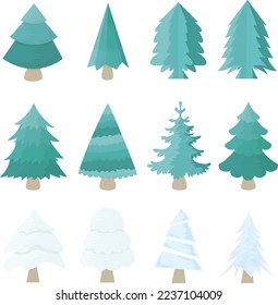 Vektorset von Cartoon Weihnachtsbäumen, Pinien für Grußkarte, Einladung, Banner, Web. Neue Jahre und Weihnachten traditionell.