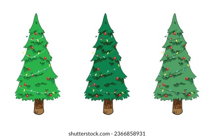 Vector set of cartoon Christmas trees, pines for greeting card, invitation,banner, web. New Years and xmas traditional symbol tree with garlands, light bulb, star. Winter holiday. Icons collection.