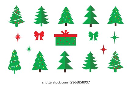 Vector set of cartoon Christmas trees, pines for greeting card, invitation, banner, web. New Years and xmas traditional symbol tree with garlands, light bulb, star. Winter holiday. Icons collection.