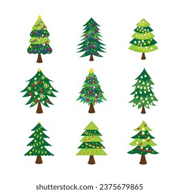 Vector set of cartoon Christmas trees, pines for greeting card