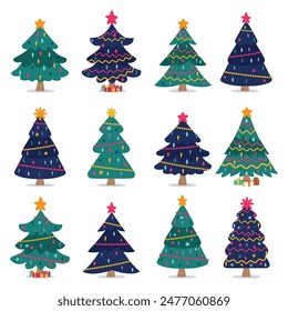 Vector set of cartoon Christmas trees, pines for greeting card, invitation,banner, web. New Years and Christmas traditional symbol tree with garlands, light bulb, star. Icons collection.