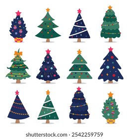 Vector set of cartoon Christmas trees, pines for greeting card, invitation, banner, web. New Years and xmas traditional symbol tree with garlands, light bulb, star. Winter holiday. Icons collection.