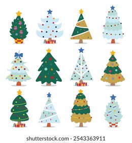 Vector set of cartoon Christmas trees, pines for greeting card, invitation,banner, web. New Years and xmas traditional symbol tree with garlands, light bulb, star. Winter holiday. Icons collection.