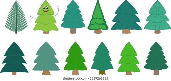 Vector set of cartoon Christmas trees, pines for greeting card, invitation, banner, website. New Year and Christmas traditional symbolic tree, fir-tree, forest. Winter holiday. Icon collection.