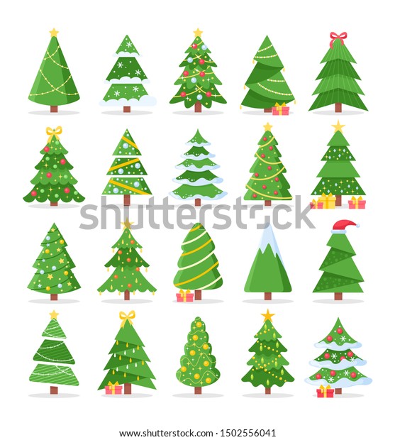 Vector set of cartoon Christmas trees, pines\
for greeting card, invitation,banner, web. New Years and xmas\
traditional symbol tree with garlands, light bulb, star. Winter\
holiday. Icons\
collection.