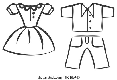 Vector set of cartoon clothes. Dresses, shirts and pants. outline