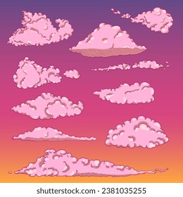 Vector Set of Cartoon Clouds on Sunset Sky Background