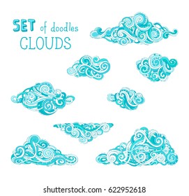 Vector set of cartoon clouds. A lot of various doodles ornate clouds isolated on white background. Hand-drawn swirls, spirals and curls.