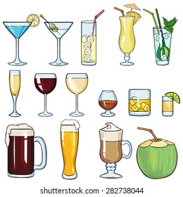 Vector Set of Cartoon Cocktails and Alcohol Drinks. Martini, Lemonade, Pinot Colada, Mojito, Champagne, Red Wine, White Wine, Cognac, Brandy, Whiskey, Tequila,  Beer, Irish Coffee, Coconut.