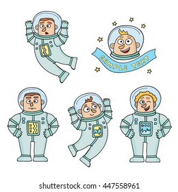 Vector set of cartoon color astronauts isolated on white. Two flying and two standing in white spacesuits. One with a banner. Collection for print, web design