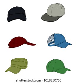 Vector Set of Cartoon Color Baseball Caps. Side and Front Views.