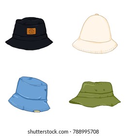 Vector Set of Cartoon Color Bucket Hats. Hip-hop Style Headwear.