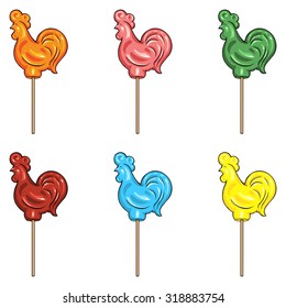 Vector Set of Cartoon Color Candy Cocks. Orange, Pink, Green, Red, Blue, Yellow.