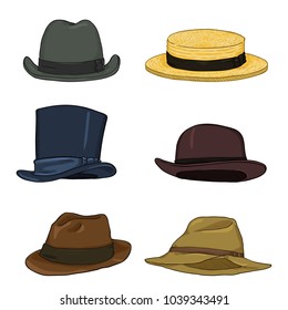 Vector Set of Cartoon Color Classical Types Hats. Homburg, Kanotie, Cylinder, Bowler, Fedora, Trilby.