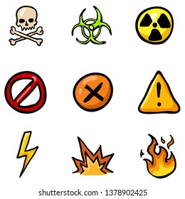Vector Set of Cartoon Color Doodle Warning Icons