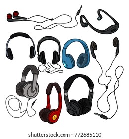 Vector Set of Cartoon Color Headphones on White Background