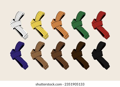 Vector Set of Cartoon Color Karate Belts. Full Collection.