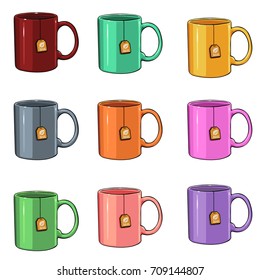 Vector Set of Cartoon Color Mugs with Tea Bag