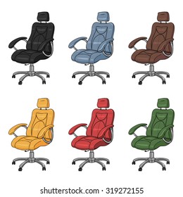 Vector Set of Cartoon Color Office Armchairs. Black, Blue, Brown, Yellow, Red, Green.