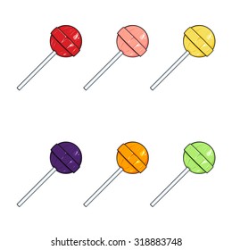 Vector Set of Cartoon Color Round Lolipops. Red, Pink, Yellow, Purple, Orange, Green.