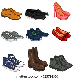 Vector Set of Cartoon Color Shoes Items on White Background