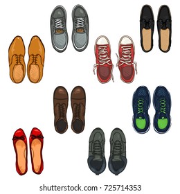 Vector Set of Cartoon Color Shoes Items. Top View Collection