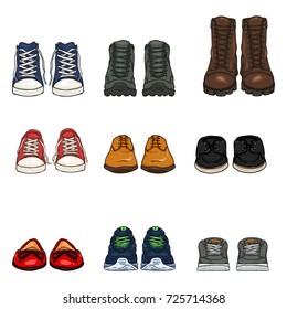 Vector Set of Cartoon Color Shoes Items. Front View Collection