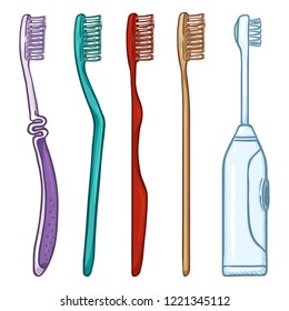 Vector Set of Cartoon Color Toothbrushes. Manual and Electric Tooth Brushes.