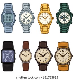 Vector Set of Cartoon Color Wrist Watches on Isolated White Background