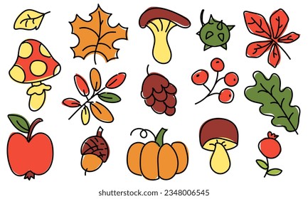 Vector set of cartoon colored doodles on the theme of autumn leaves, vegetables, fruits. Autumn nature, objects and symbols. Contour drawing with color on a white background
