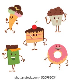 Vector set of cartoon colored images of funny sweets: ice cream cone, a cupcake, a chocolate bar, a donut and a piece of cake, standing and smiling on a white background. Sweets. Vector illustration.