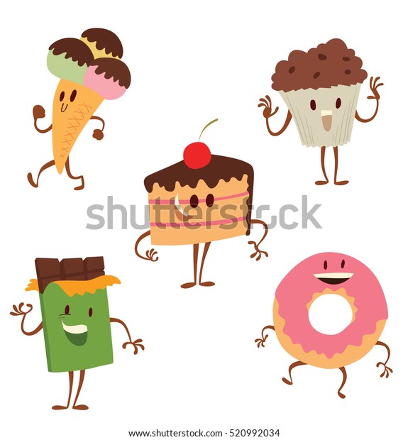 おかしなお菓子の漫画の色の画像のベクター画像セット 白い背景にアイスクリームコーン カップケーキ チョコレートバー ドーナツ ケーキ1個 立ち 笑顔 お菓子 ベクターイラスト のベクター画像素材 ロイヤリティフリー