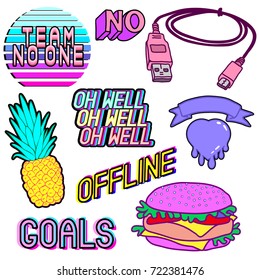 Vector set of cartoon colorful aesthetic phrases, words: "team no one", "goals", "offline", "no", pineapple, heart, hamburger, phone charger, etc. Patch badges, pins, stickers in vaporwave style.