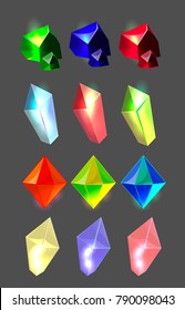 vector set of cartoon colorful gemstone icons isolated on black background; fantasy bright crystals collection; app user interface elements; cartoon bright colorful minerals, rock, stones. diamonds