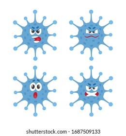 Vector set of cartoon coronavirus character isolated on white. 2019 nCov with emotion - angry, surprise, shout used for magazine, web-pages, kids book