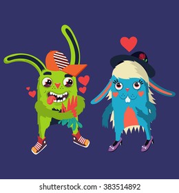 Vector set of cartoon cute character rabbit. Monster emotions of falling in love.