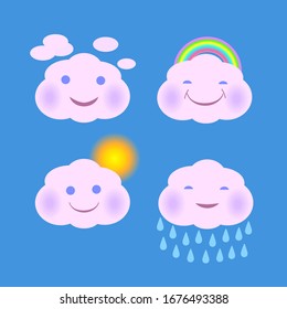 Vector set of cartoon cute clouds with sun, rainbow, rain