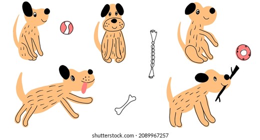 Vector set of cartoon cute dog illustration on white background. Puppy everyday activities set. Hand drawn.