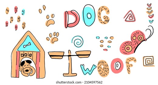 Vector set of cartoon cute dog and lettering in Scandinavian style on a white background. Set with dogs for kids. Dogs print. Cute baby animals.