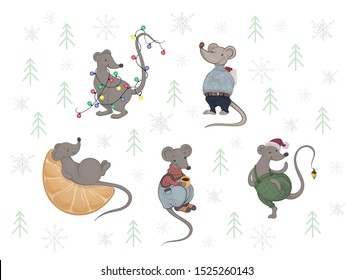 Vector set of cartoon cute gray mice in a warm clothing with present box, Christmas lights and mandarin on the white background with green firs and gray snowflakes