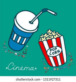 Vector set. Cartoon cute hand drawn Cinema. Colorful detailed, with lots of objects background. Doodle Set. Hand drawn cinema icons doodle
