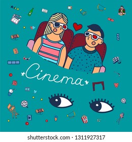 Vector set. Cartoon cute hand drawn Cinema. Colorful detailed, with lots of objects background. Doodle Set. Hand drawn cinema icons doodle