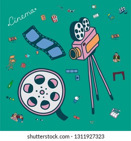 Vector set. Cartoon cute hand drawn Cinema. Colorful detailed, with lots of objects background. Doodle Set. Hand drawn cinema icons doodle